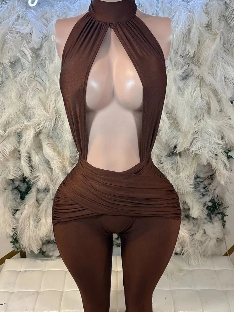 Joskaa Halter Skinny Rompers Midnight Clubwear Backless Jumpsuit Woman Sexy Hollow Fit Patchwork Waist Ruched Y2k Streetwear