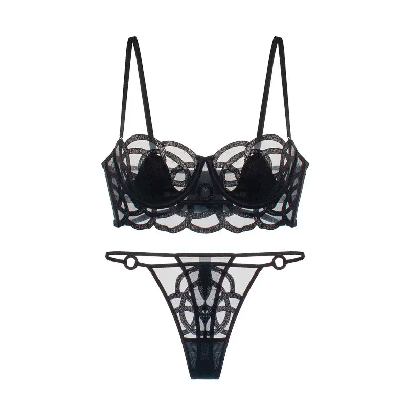 Sexy thin lace bra women underwear thong set transparent large breasts show small embroidered underwiren push up lingerie