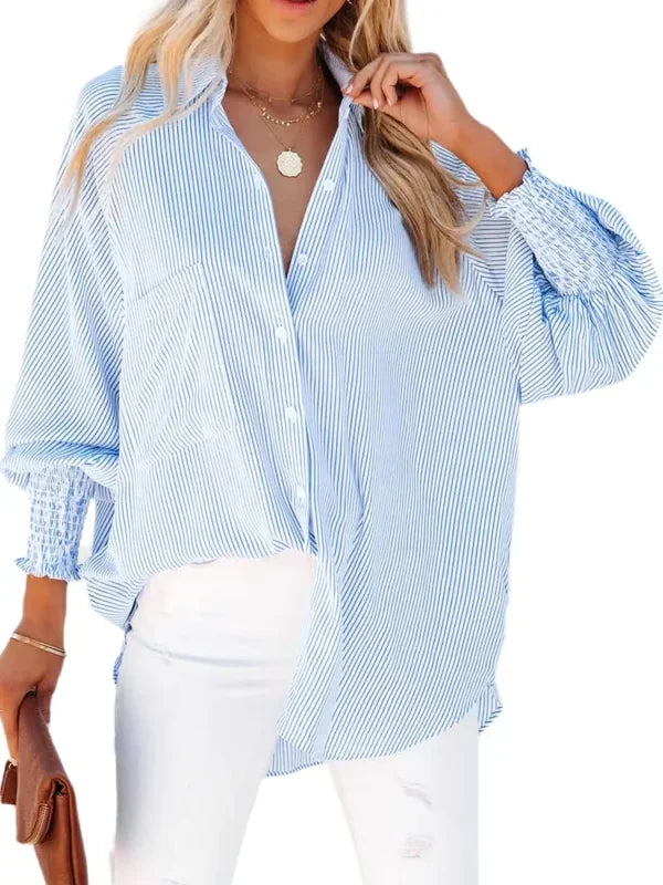 Plus Size Striped V-Neck Button-Down Blouse