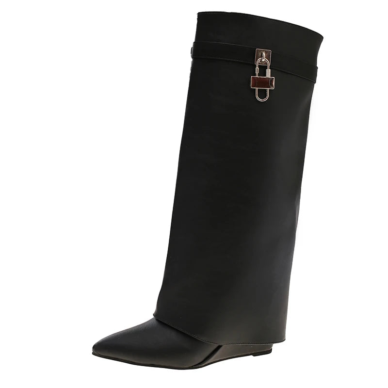 8cm Heel Wedges Soft Leather Pointed Toe Knee High Boots Women 2025 Autumn Fashion Shoes Street Style Mordern Long Botas Mujer