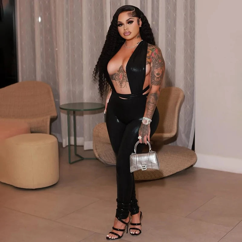 Lace-Up Backless Bodycon Street Jumpsuit