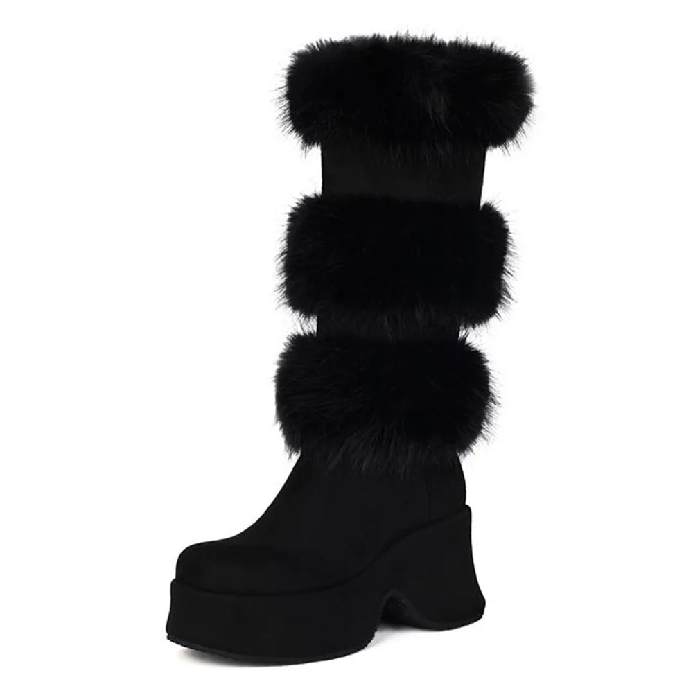 GIGIFOX Platform Furry Boots Chunky High Heeled Winter Autumn Knee High Boots Women Faux Fur Zip Gothic Style Punk Shoes Ladies