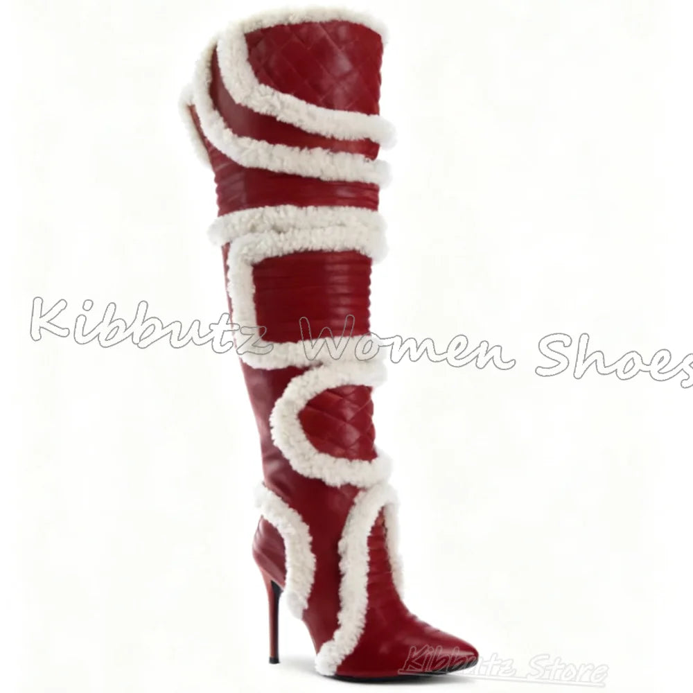 Furry Over The Knee Boots Patchwork Suede Mixed Color Novelty Fashion Luxury Elegant Concise Sexy Pointed Toe Thin Heels Newest