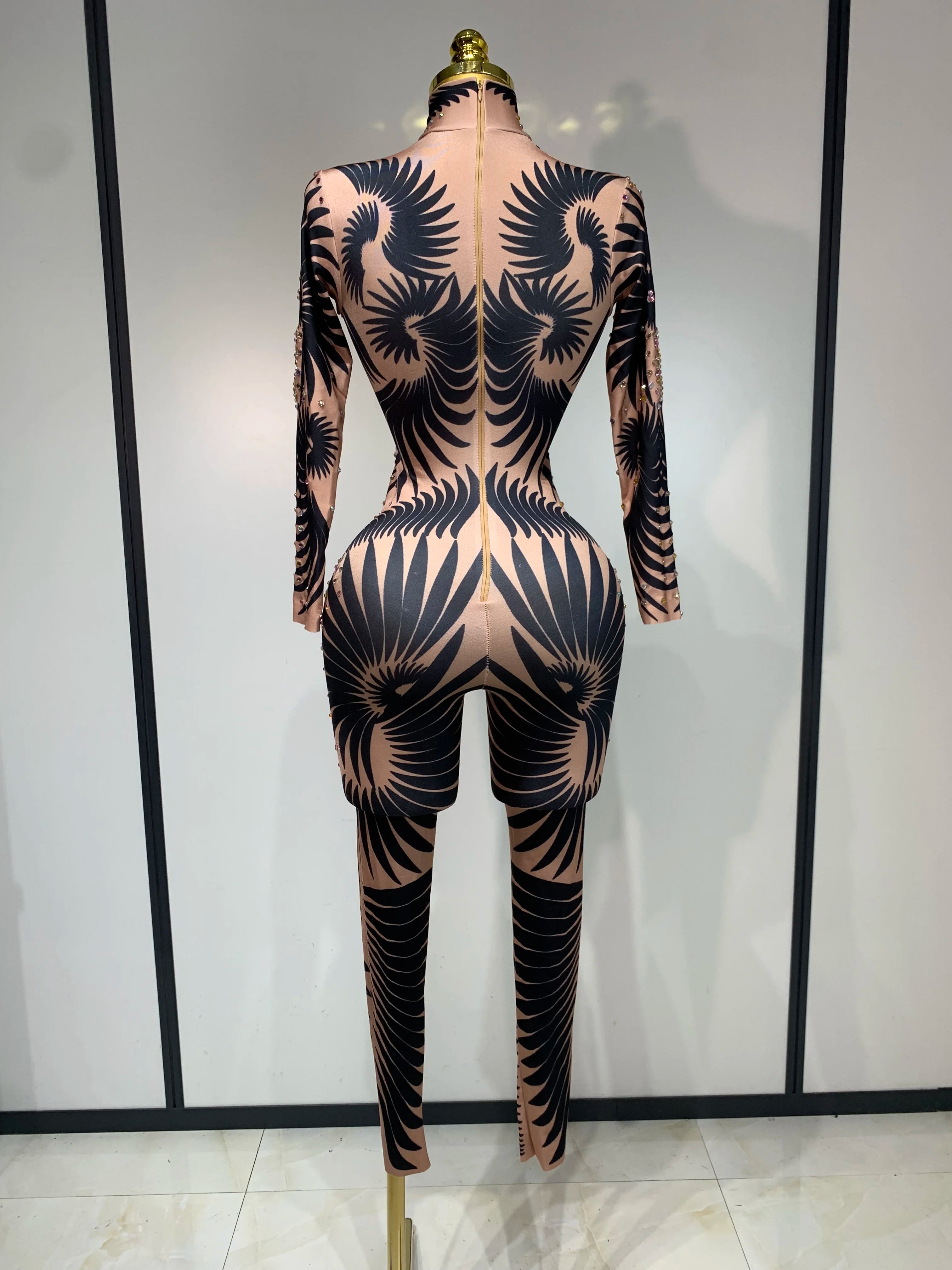 Rhinestone Print Long Sleeve Performance Jumpsuit