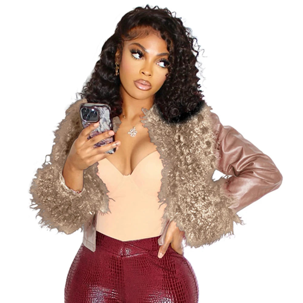 Cropped PU Leather Jacket with Faux Fur Collar