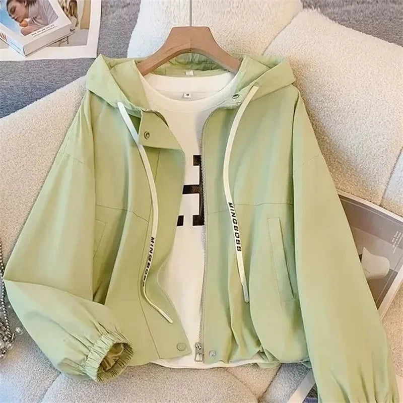 Hooded Jacket Women's Spring Autumn 2025 New Short Long sleeved Coat Female Workwear Loose Casual Versatile Zipper Jackets Top