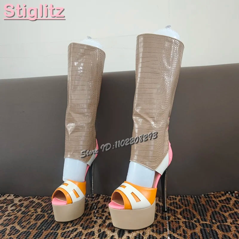 Sexy Polka Dots Knee-high Sandals Patchwork Leather Peep Toe Metal Heel Summer Boots 2026 Summer New Fashion Stiletto Women Shoe