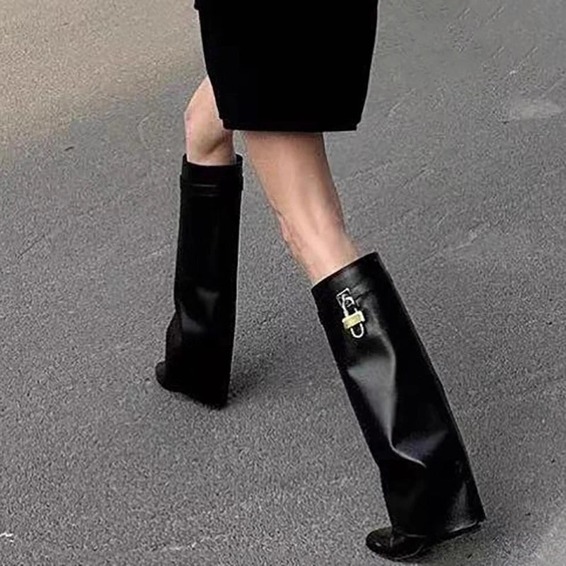 8cm Heel Wedges Soft Leather Pointed Toe Knee High Boots Women 2025 Autumn Fashion Shoes Street Style Mordern Long Botas Mujer