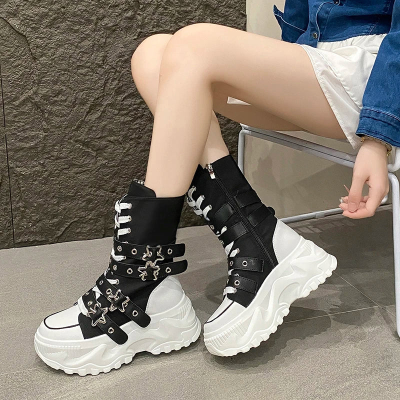 Single Boots Autumn New Round Toe Front Lace-Up Platform Non-Slip Mid-Tubular Boots Size Up To 42