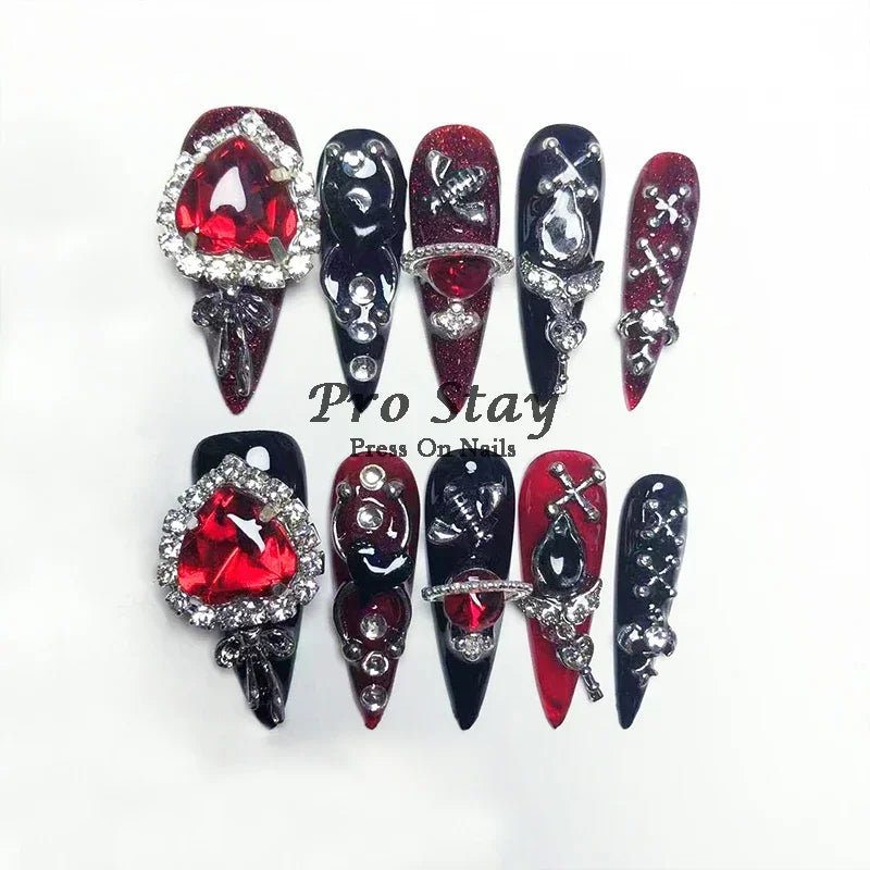 10pcs black Handmade Press On Nails With Purple Large Diamonds and Metal Decoration Y2k Hot Girls Wearable Artificial False Nail