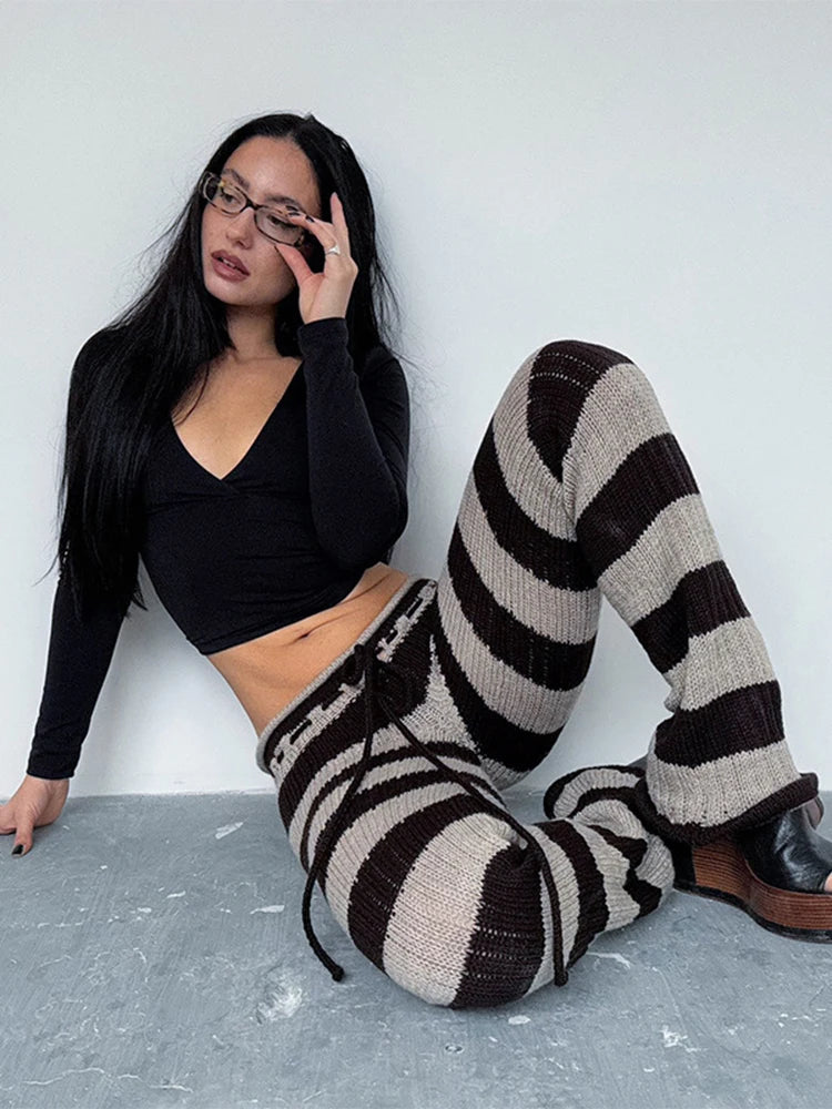 Kliou Stripe Patchwork Long Pants Woman Autumn Trend Crochet Shirring Elastic High Waist Skinny Peach Hip Street Style Bottoms
