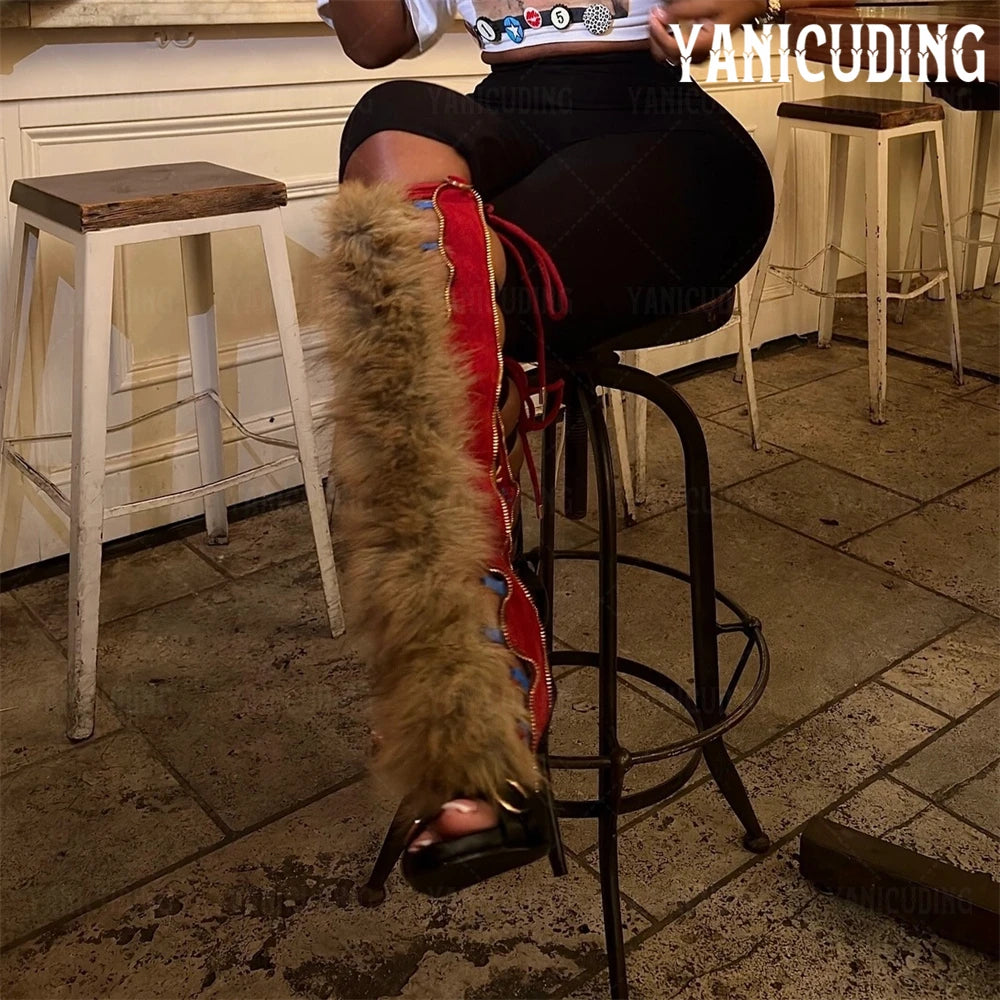 Stitch and Fur Sandal Knee High Boots Black Multi Gladiator Sandals Luxurious Style Genuine Fur Lace-Up Summer Boots for Women