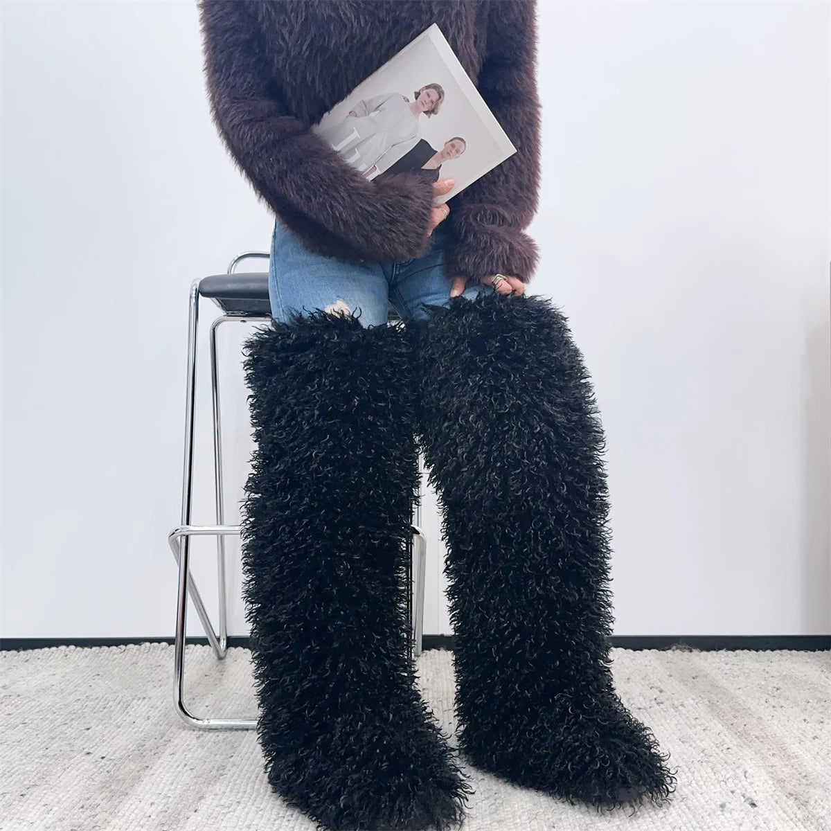 Over The Knee  Thigh High Mongolian Fur Boots Faux Tall Boots for Women