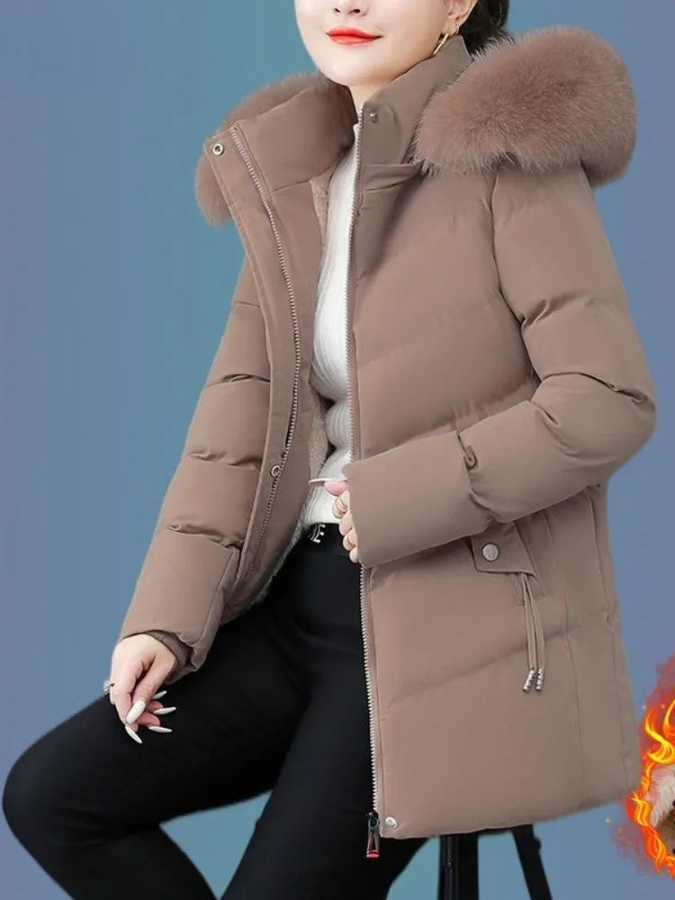 Women's Coat Cotton Coat for Women Mid-length Winter Padded Thickened Warm Removable Collar Hooded Cotton Clothes Zipper Pockets