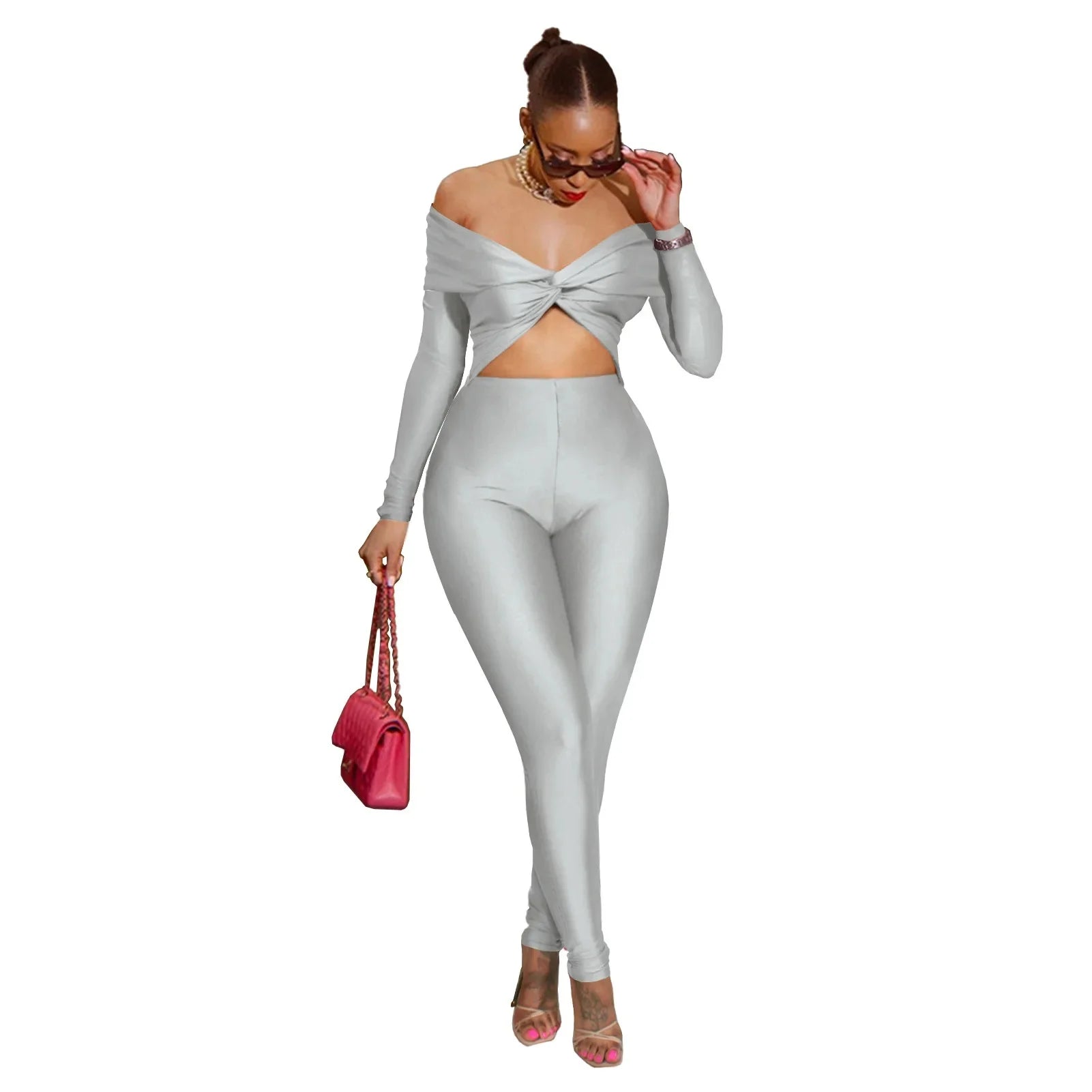 Sexy High-Waist Long-Sleeve One-Piece Suit GL6755 Hollow out Collar Knot Design Cross-Border Women's Fashion Crop Top Bottoms