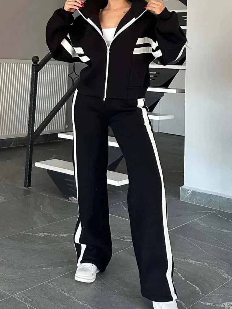 Fashion Striped Hoodie Set For Women Casual Long Sleeve Zip Tops+High Waist Wide Leg Pants 2 Piece Sets Lady Y2k Sports Clothes