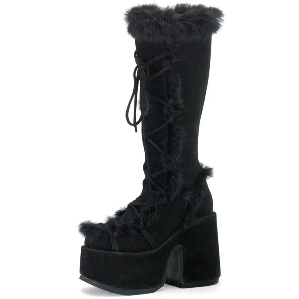 GIGIFOX Platform Furry Boots Chunky High Heeled Winter Autumn Knee High Boots Women Faux Fur Zip Gothic Style Punk Shoes Ladies