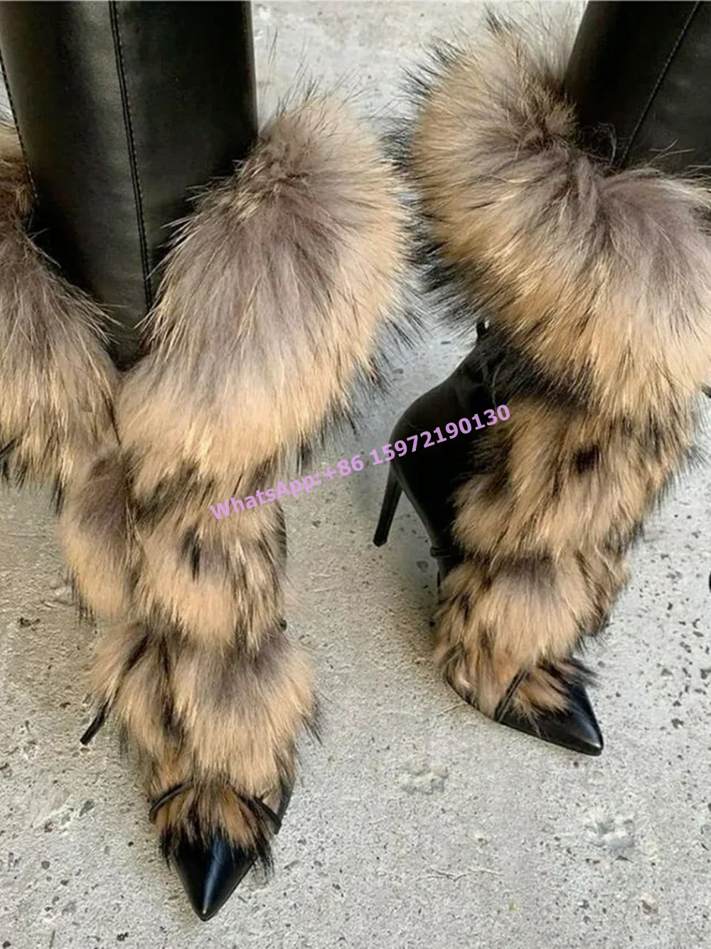 Soft Furry Winter Boots Black Brown Warm Pointy Toe Lace Up Luxury Mid Calf Boots Sexy Fashion Runway Leather Hotties Shoes