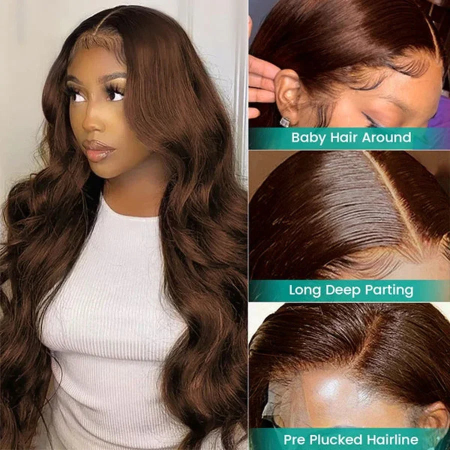 Brazilian Body Wave 250% 13x6/13x4 Frontal Dark Chocolate Brown HD Lace Wig Hair Colored 4x4 Closure Human Hair Wigs Wear To Go