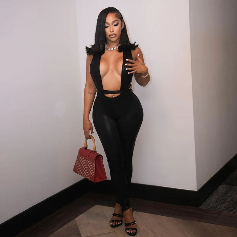 Lace-Up Backless Bodycon Street Jumpsuit