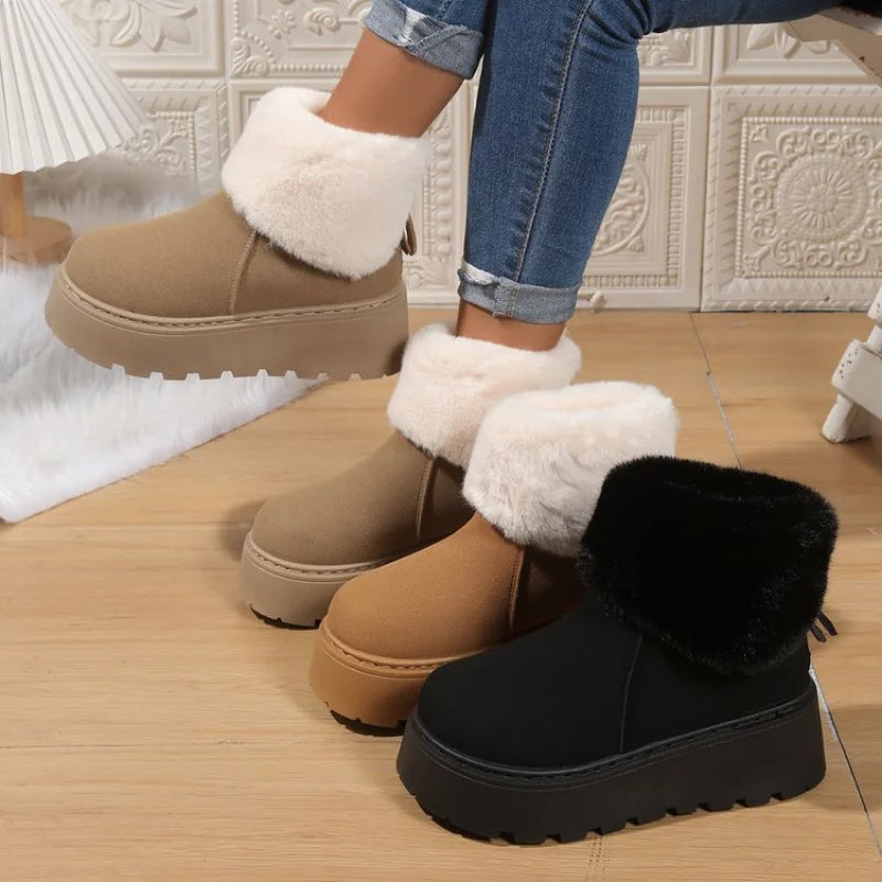 High Heel(5-8cm)Suede Boots Slip-On Snow Boots Winter Rubber Round Toe Mid-Calf Faux Short Plush