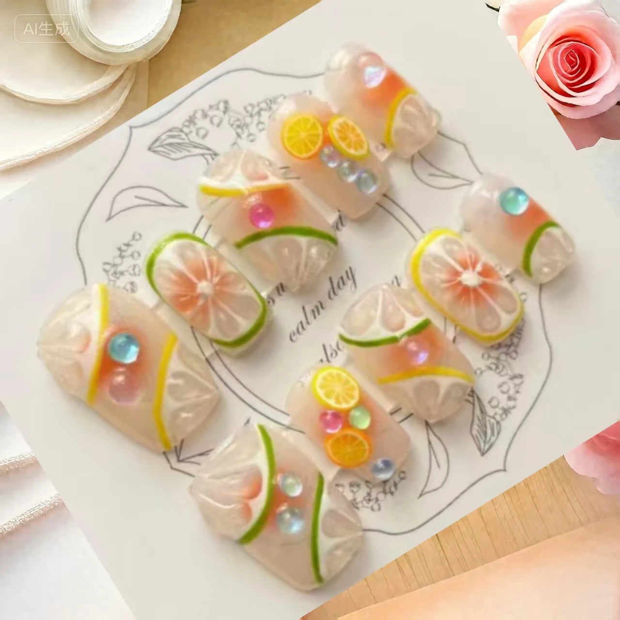 10 pcs Luxury Handmade Press on Nails Middle Ballet Lemon blush Design False Nails with 4-PIECE Tool Adhesive Nail Glue Tabs