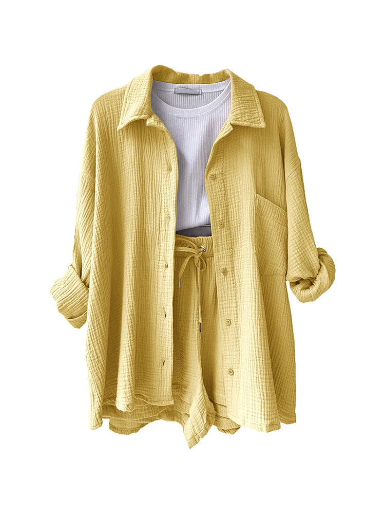 Summer Women's Suit Short Sets Outfits Muslin Suit For Women 2025 Two Piece Female Clothing Solid Button Outfits