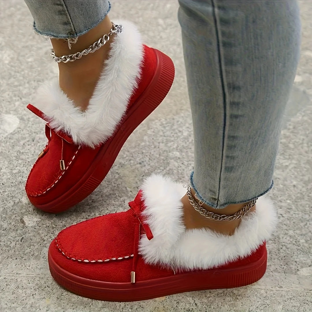 Stylish Short Boots, Black/Red, Faux Fur Trim. Lightweight & Warm, Unisex Plus Sizes. Perfect Gift, Multiple Occasions!
