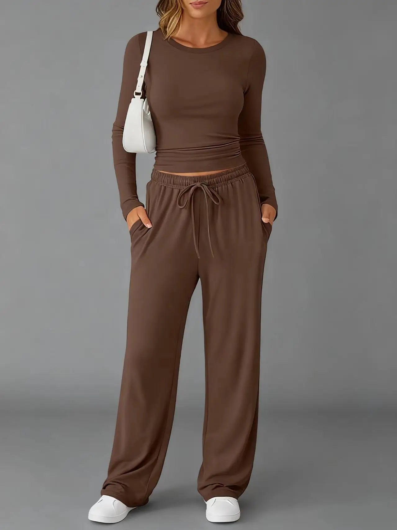 Women's Clothing European American Fashion Casual Sports Autumn Winter Solid Color Drawstring Long-sleeved Suit Pant Sets