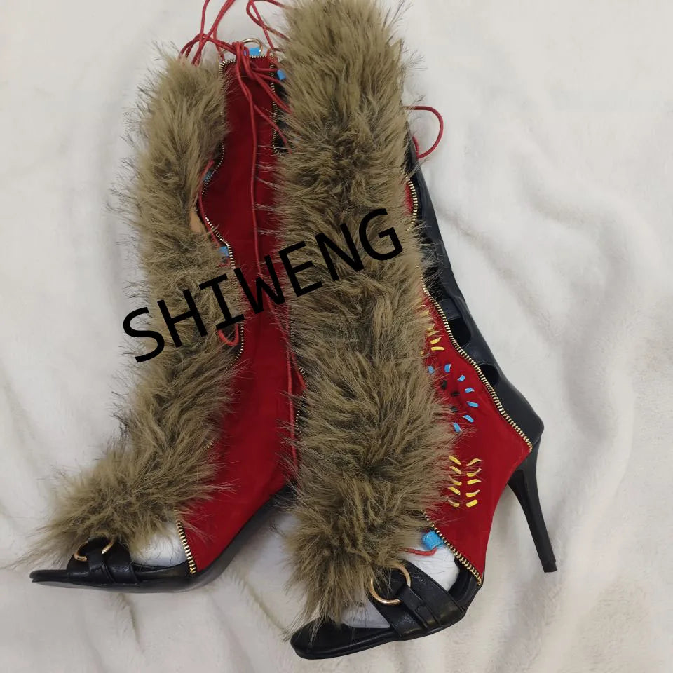 2025 Furry Belt Buckle Ankle Boots Women Sweet Fashion Boots Lace Up High Heeled Shoes Ladies Nifty Party Big Size Boots 44