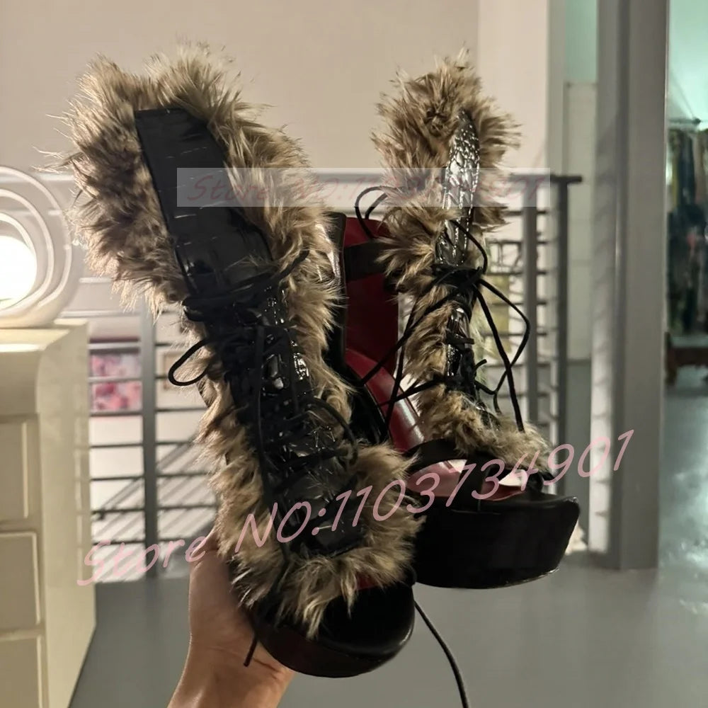 Open Toe Fur Sandals Women Cross Strap Platform Stone Pattern Lace-up Stiletto High Heels Shoes Female Party Sexy Luxury Sandals