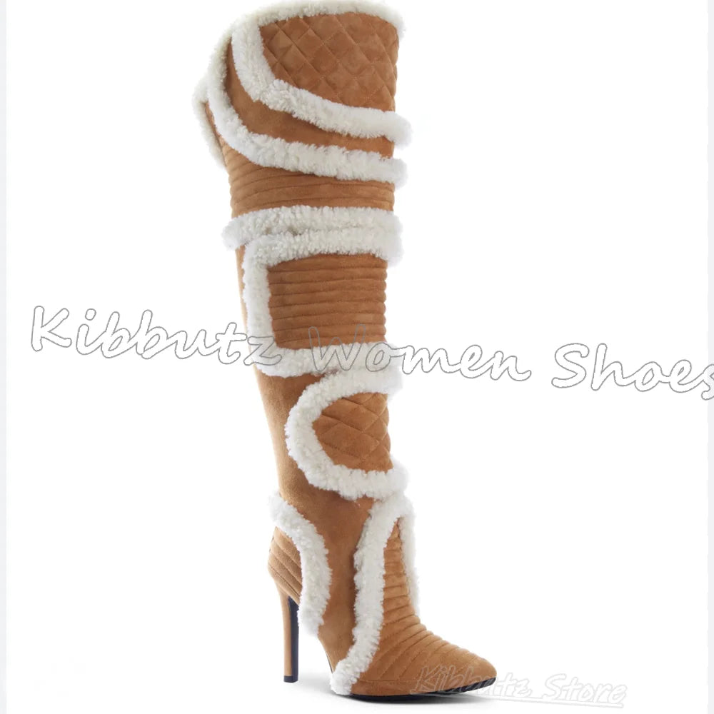 Furry Over The Knee Boots Patchwork Suede Mixed Color Novelty Fashion Luxury Elegant Concise Sexy Pointed Toe Thin Heels Newest