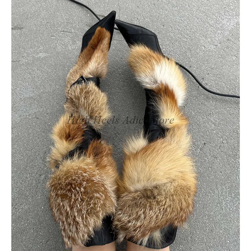Women's Fur Heels Black Leather Knee High Boots Sexy Vintage Brown Pointy Toe Luxury Designer Long Boots 2025 New in Party Shoes