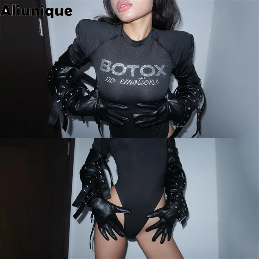 Black Rhinestone Letter Long Sleeve Bodysuit