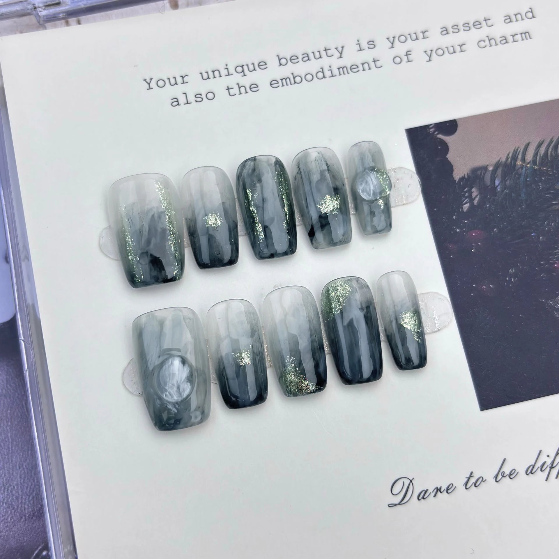 Handmade Press on Nails Color Blending Golden False Nails Square Head Girl Press on Nail Wearable Detachable Nail Tips 10pcs