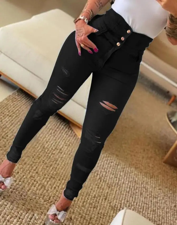 Women's Jeans 2022 Trend Autumn Fashion High Waist Buttoned Cutout Ripped Casual Skinny Plain Pocket Design Daily Long Jeans