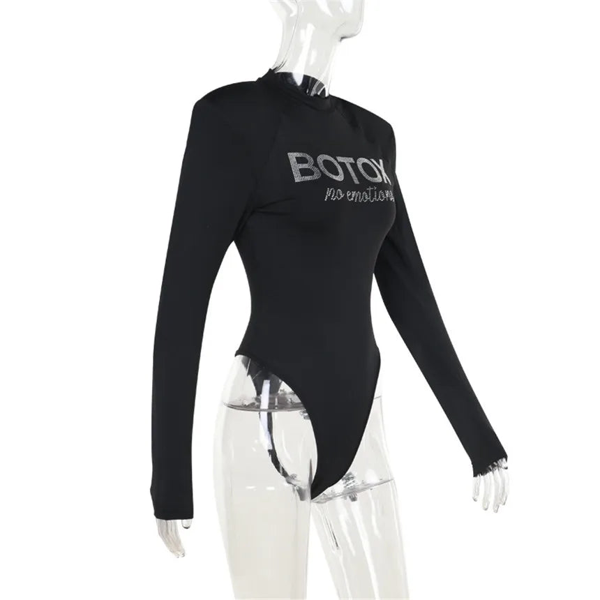Black Rhinestone Letter Long Sleeve Bodysuit