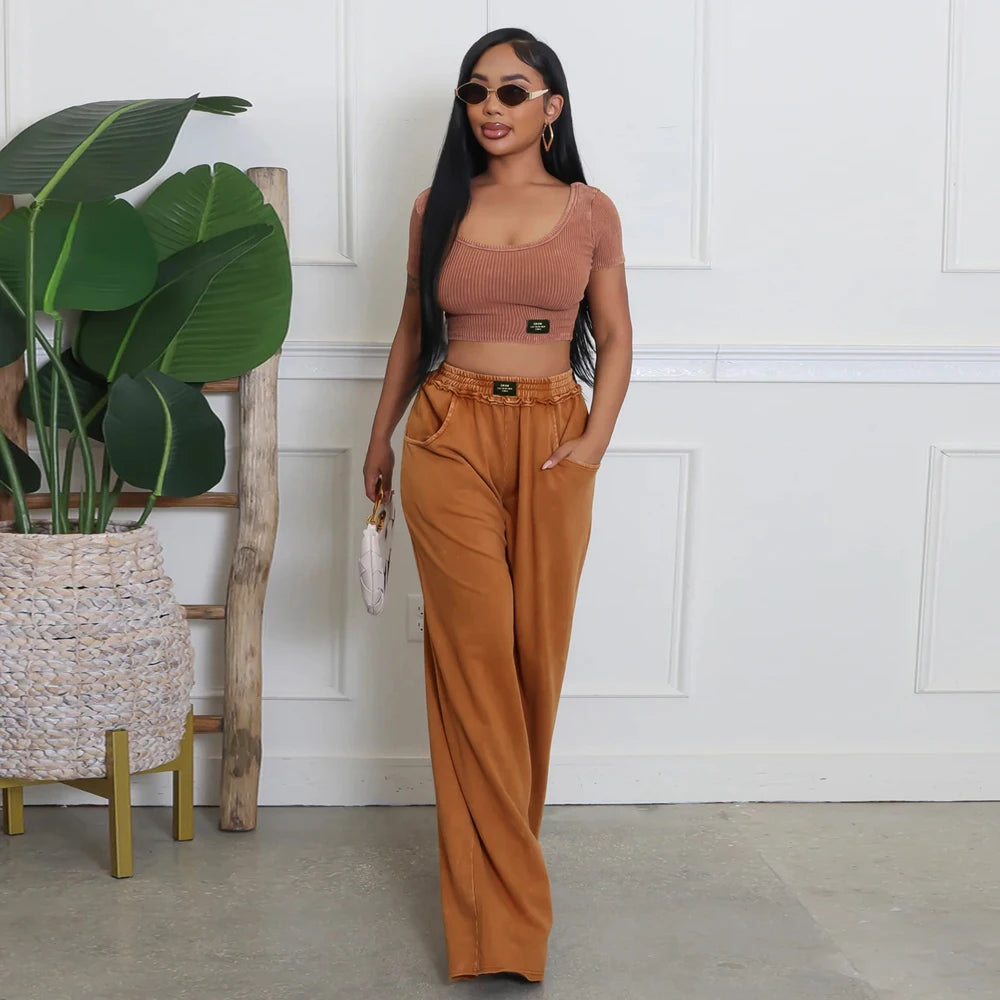 Fashion Women Clothing Distressed Tracksuits Casual Sexy U Neck Crop Top and Wide Leg Pants Suits Ladies Elegant 2 Two Piece Set