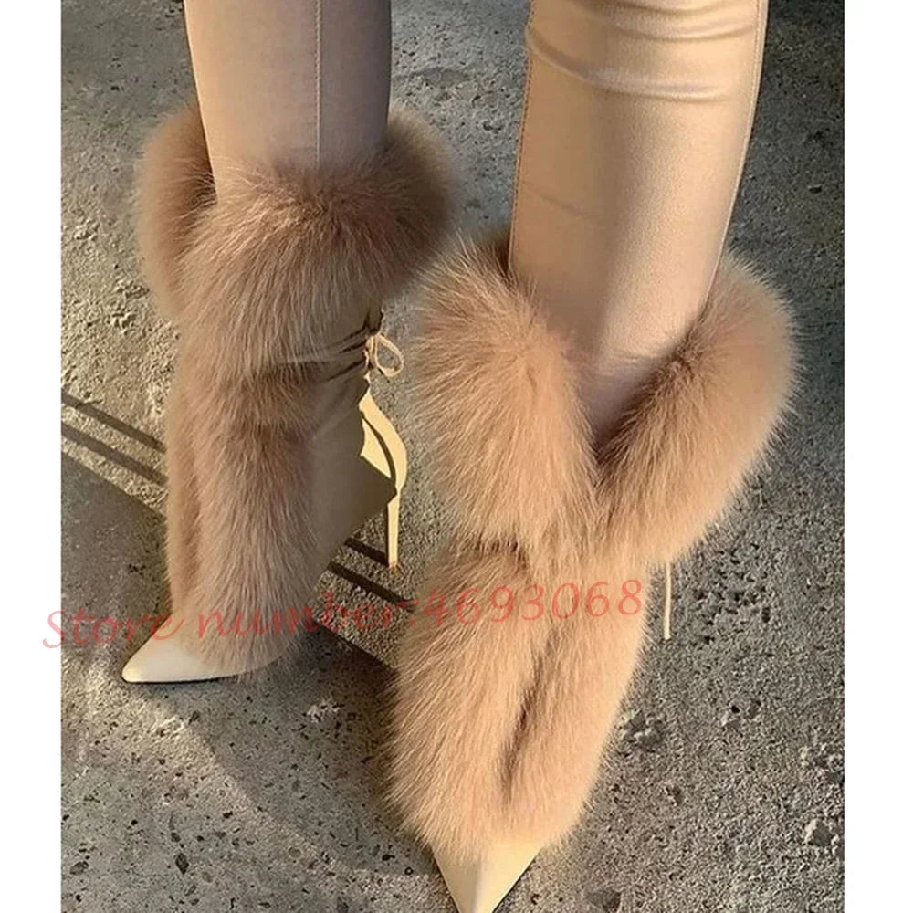 Fluff Pointy Women Ankle Boots Newest White Plush Fur High Stiletto Heel Lace-up Short Boots Female Luxury Slip On Fashion Shoes