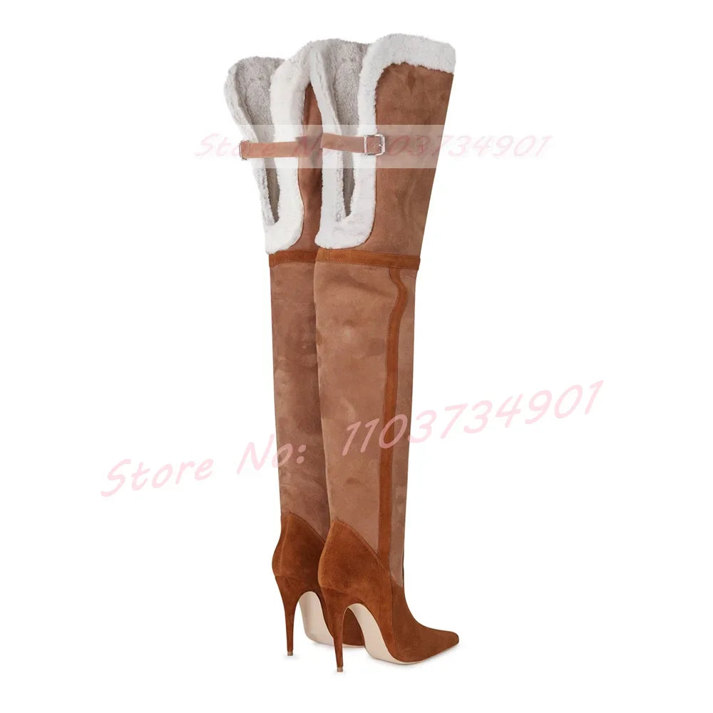 Fur Mix Colors Warm Thigh High Boots Women Nifty Pointy Toe Stiletto High Heels Slim Stretch Boots Ladies Fashion Brown Shoes