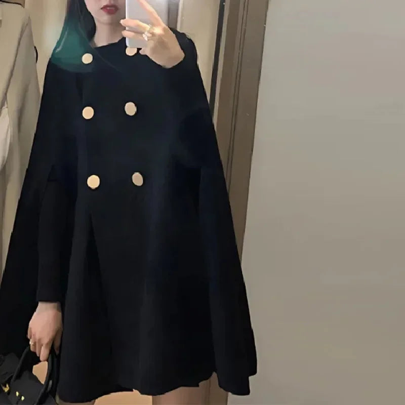 Double Breasted Women Cape Coat Faux Woolen Loose Solid Female Overcoat 2024 Fashion Spring Poncho Elegant Lapel Lady Jacket