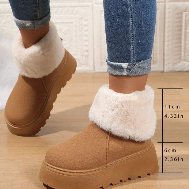 High Heel(5-8cm)Suede Boots Slip-On Snow Boots Winter Rubber Round Toe Mid-Calf Faux Short Plush