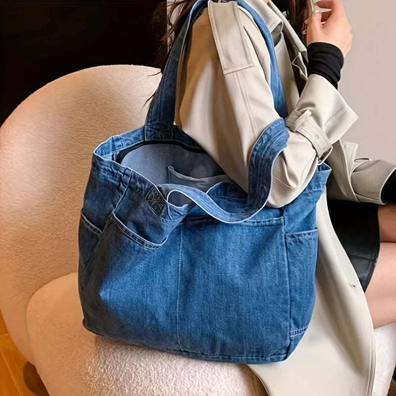 Vintage Denim Tote Bag, Retro Large Capacity Shoulder Bag, Women's Casual Handbag & Shopping Bag  Women Handbags