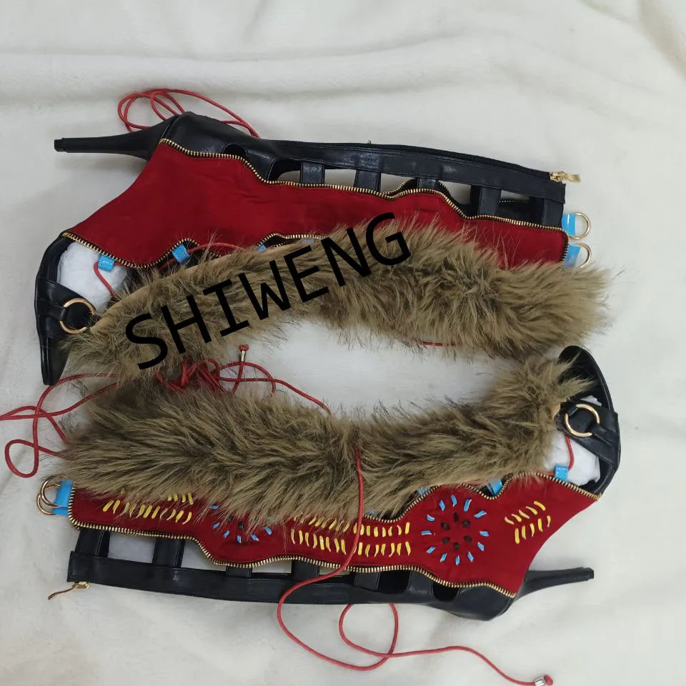 2025 Furry Belt Buckle Ankle Boots Women Sweet Fashion Boots Lace Up High Heeled Shoes Ladies Nifty Party Big Size Boots 44