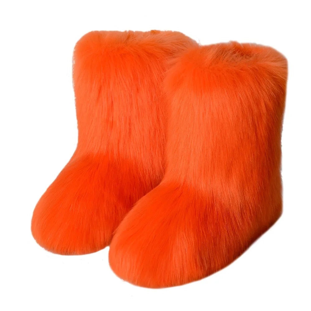 New Winter Faux Fur Onepiece Raccoon Fur Female Snow Boots Fur Shoes Outdoor Mid Leg Boots