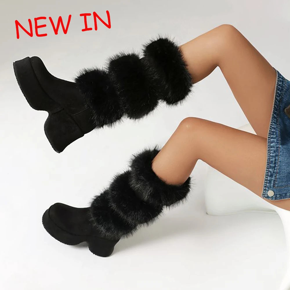 GIGIFOX Platform Furry Boots Chunky High Heeled Winter Autumn Knee High Boots Women Faux Fur Zip Gothic Style Punk Shoes Ladies