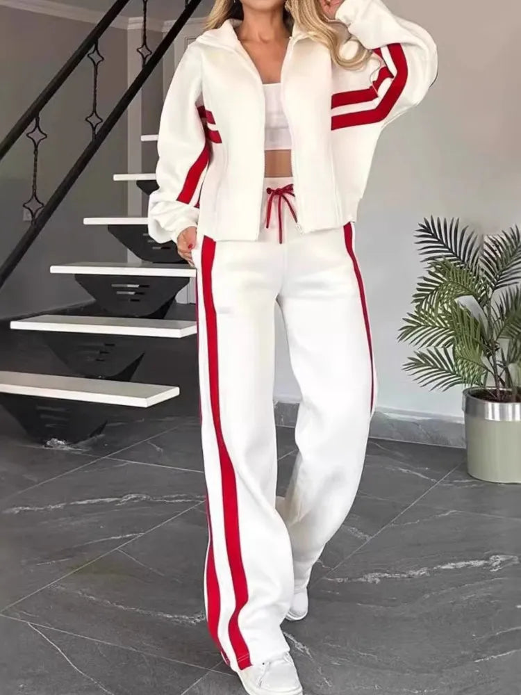 Fashion Striped Hoodie Set For Women Casual Long Sleeve Zip Tops+High Waist Wide Leg Pants 2 Piece Sets Lady Y2k Sports Clothes