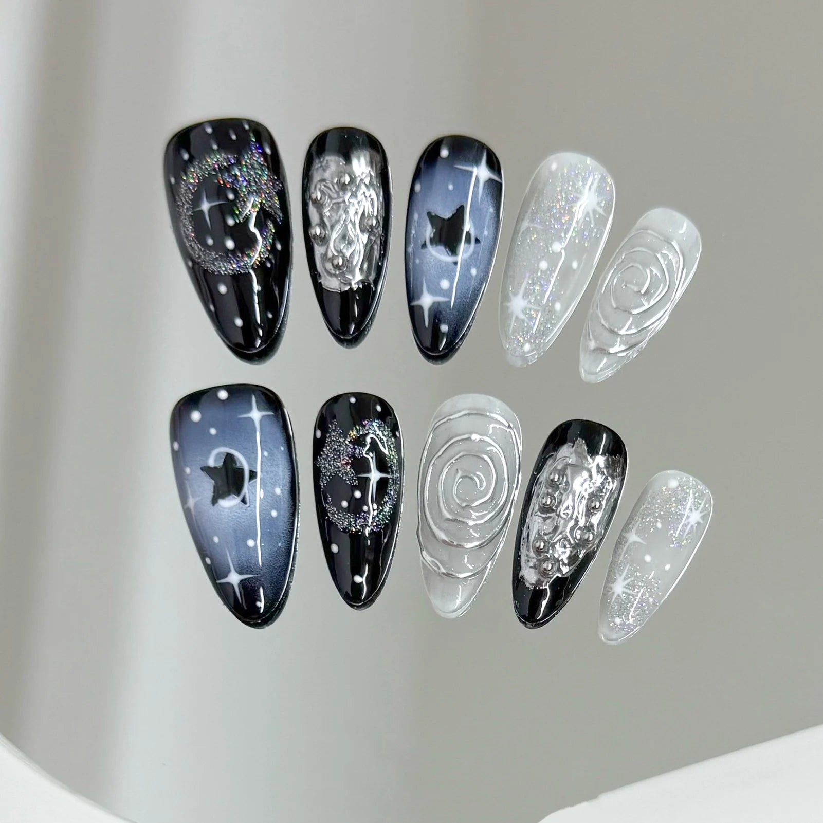 10pcs Colorful Star Black Press on Nails Almond Flash Punk Spicy Girls Handmade False Nails Blush Glitter Charming Manicure Nail