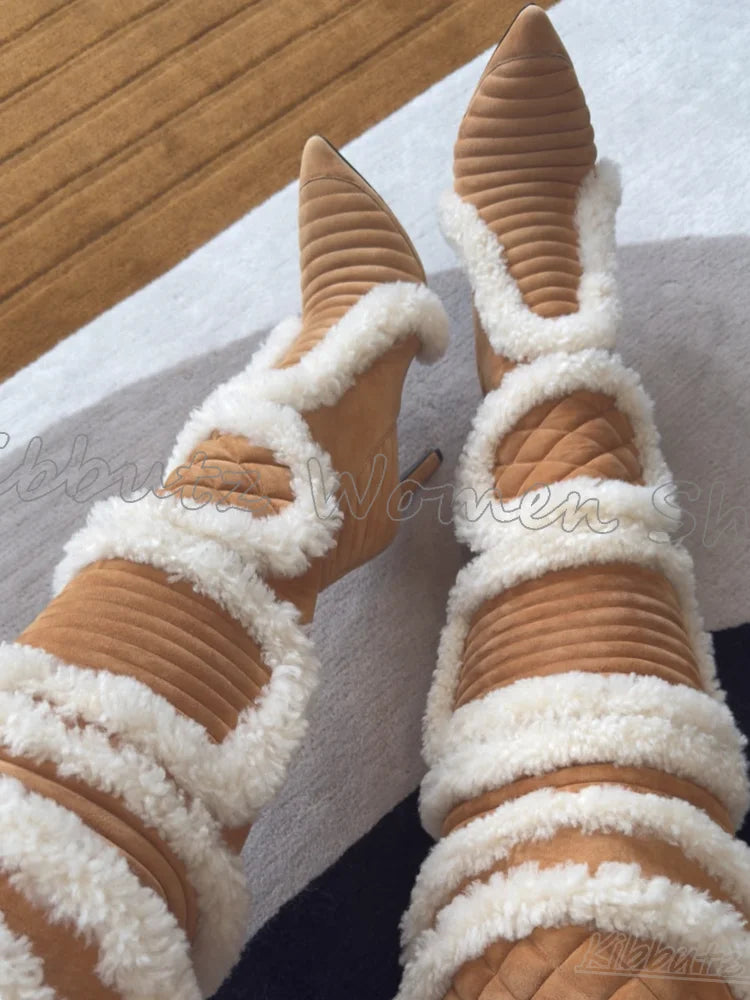 Furry Over The Knee Boots Patchwork Suede Mixed Color Novelty Fashion Luxury Elegant Concise Sexy Pointed Toe Thin Heels Newest