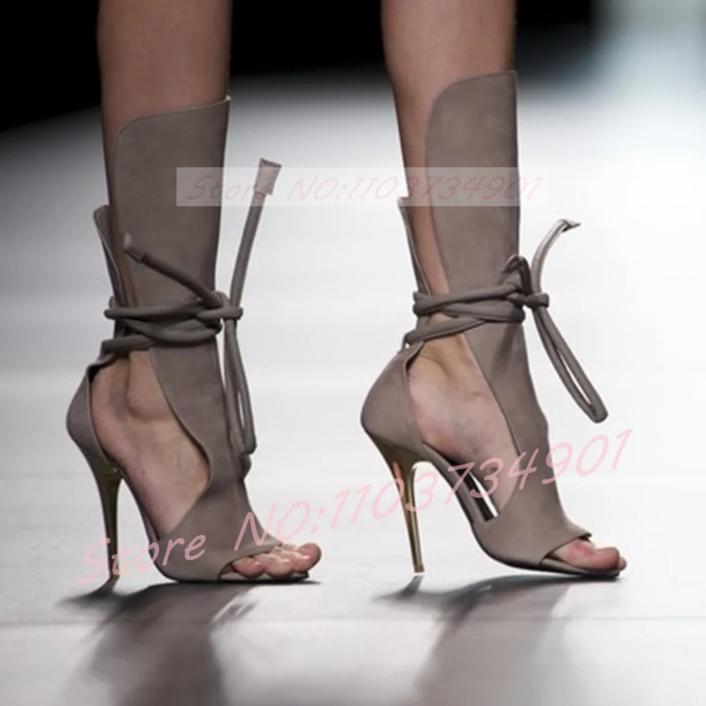 Ankle-Wrap Lace-up Sandals Women Rome Style Pointy Toe Grey Flock High Heels Shoes Ladies Sexy Party Open Toe Stiletto Sandals